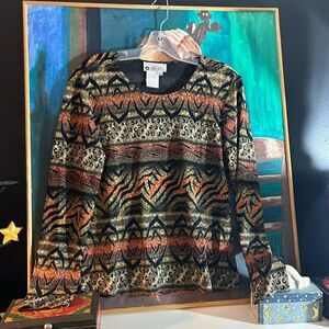 Chagall Chic Animal Print Sweater - Top Black, Brown, Orange Size M